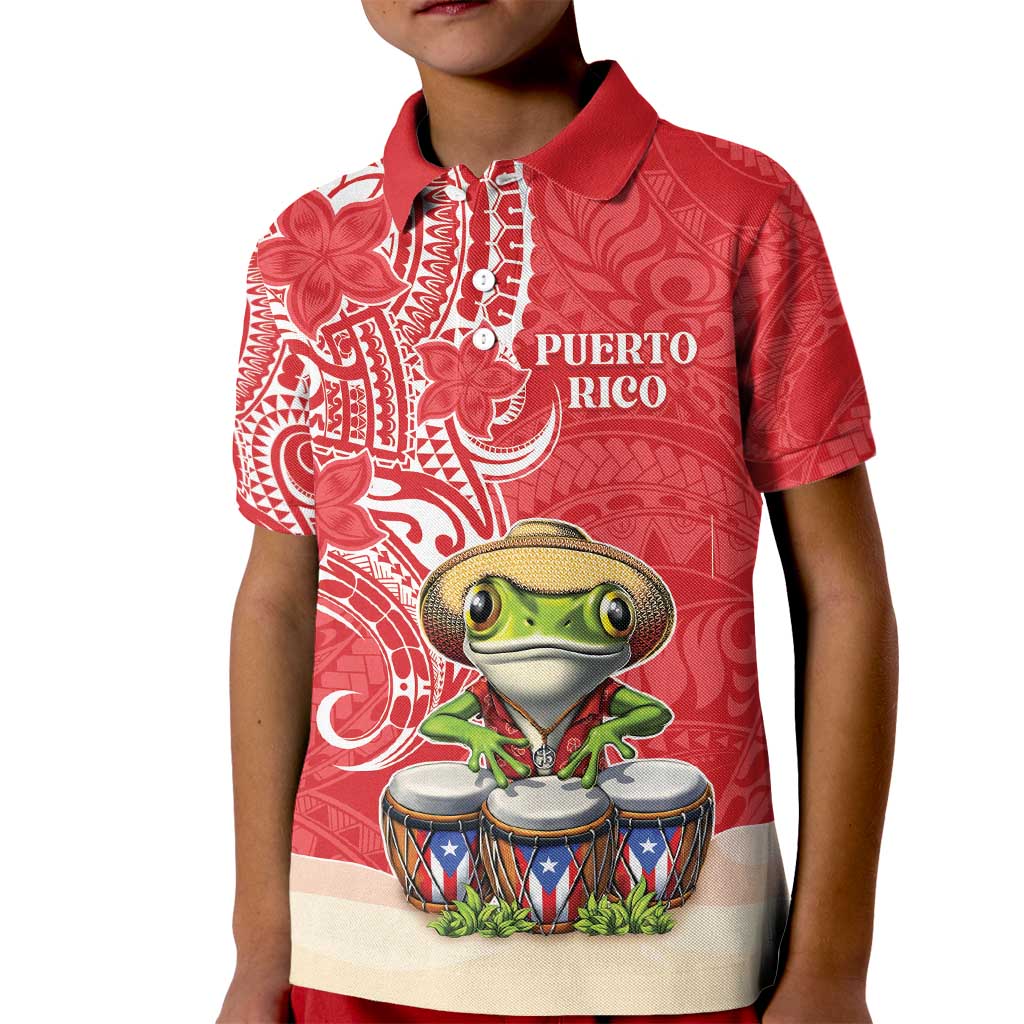 Personalized Puerto Rico Kid Polo Shirt Coqui Frog With Polynesian Pattern LT05 Kid Red - Polynesian Pride