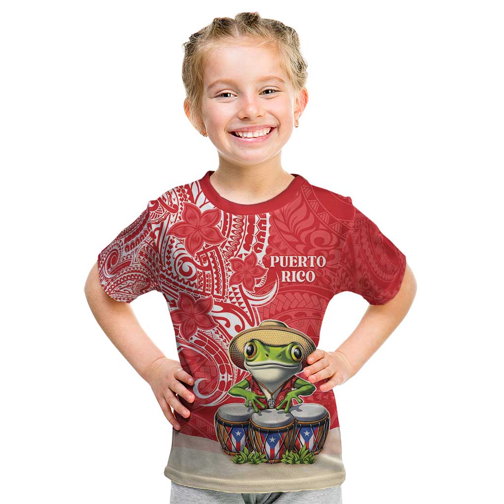 Personalized Puerto Rico Kid T Shirt Coqui Frog With Polynesian Pattern LT05 Red - Polynesian Pride