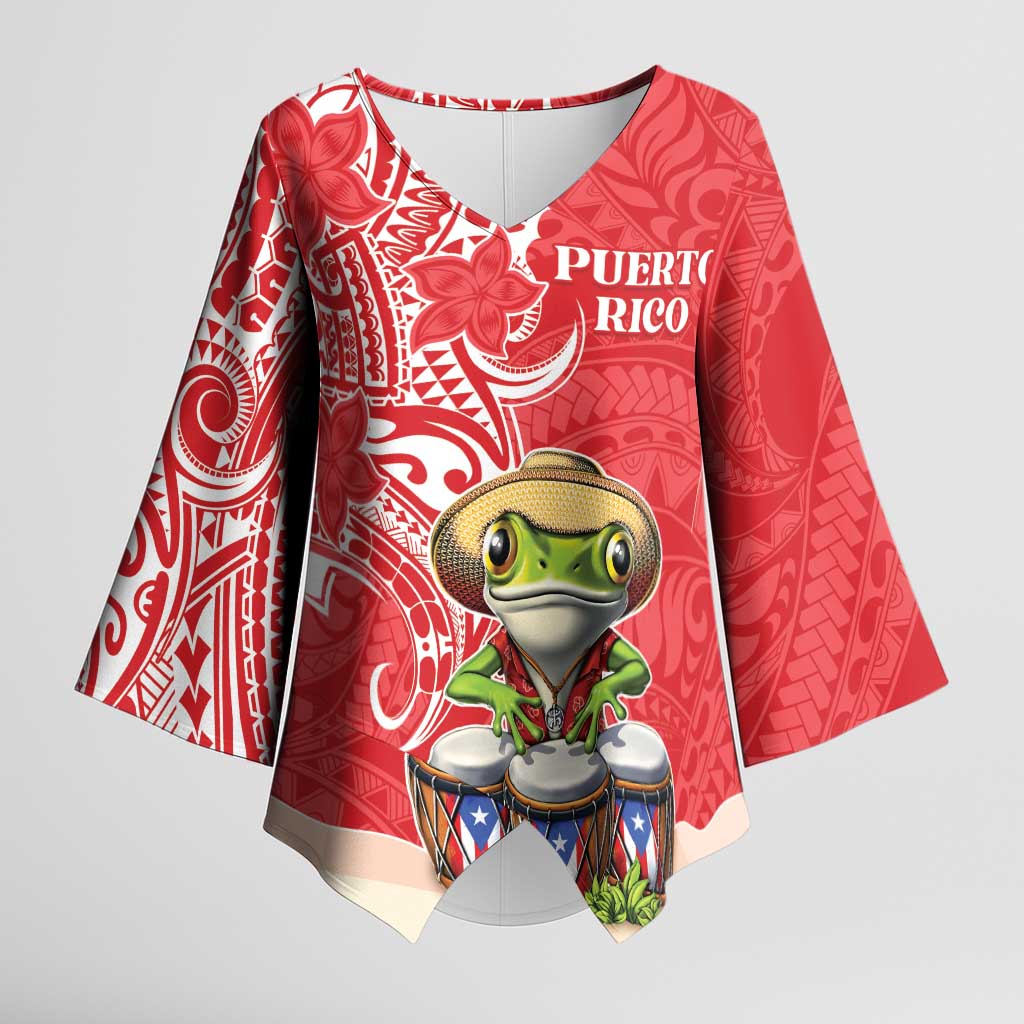 Personalized Puerto Rico Kimono Sleeve Blouse Coqui Frog With Polynesian Pattern LT05 Female Red - Polynesian Pride