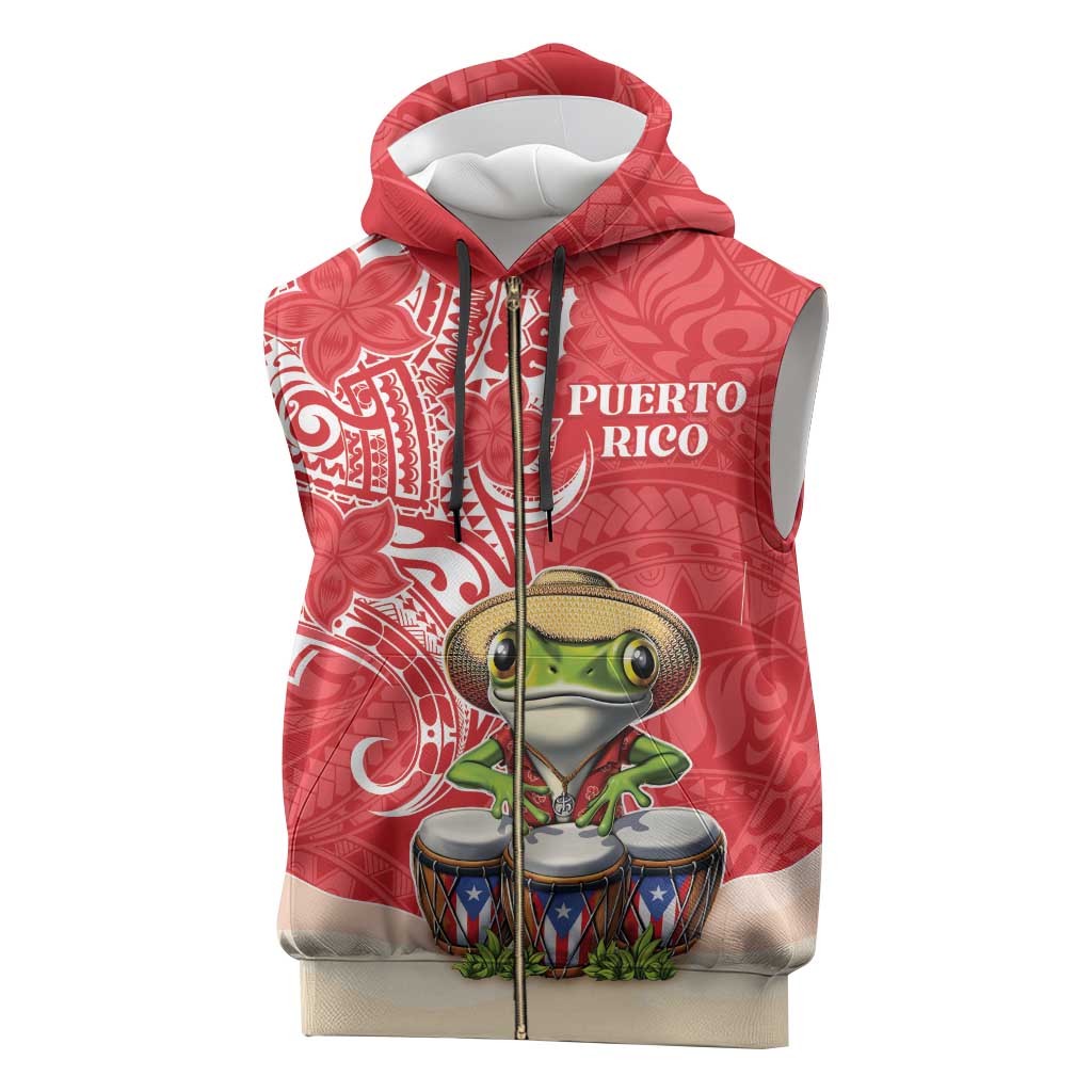 Personalized Puerto Rico Sleeveless Zip Hoodie Coqui Frog With Polynesian Pattern - Polynesian Pride