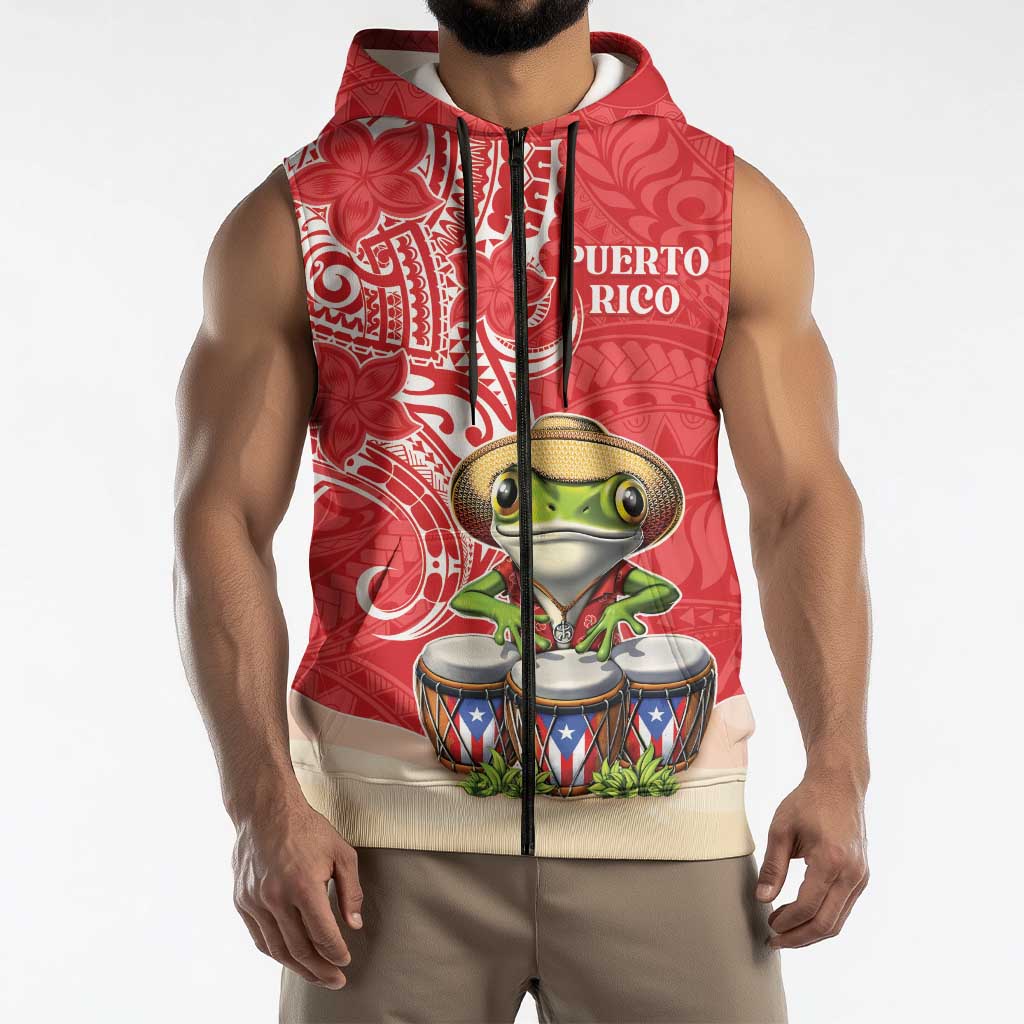 Personalized Puerto Rico Sleeveless Zip Hoodie Coqui Frog With Polynesian Pattern - Polynesian Pride