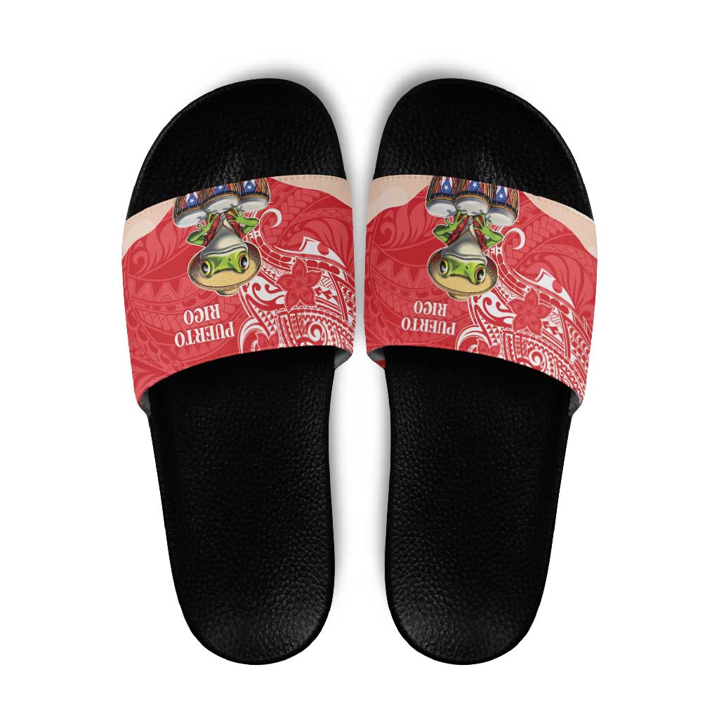 Puerto Rico Slide Sandals Coqui Frog With Polynesian Pattern - Polynesian Pride
