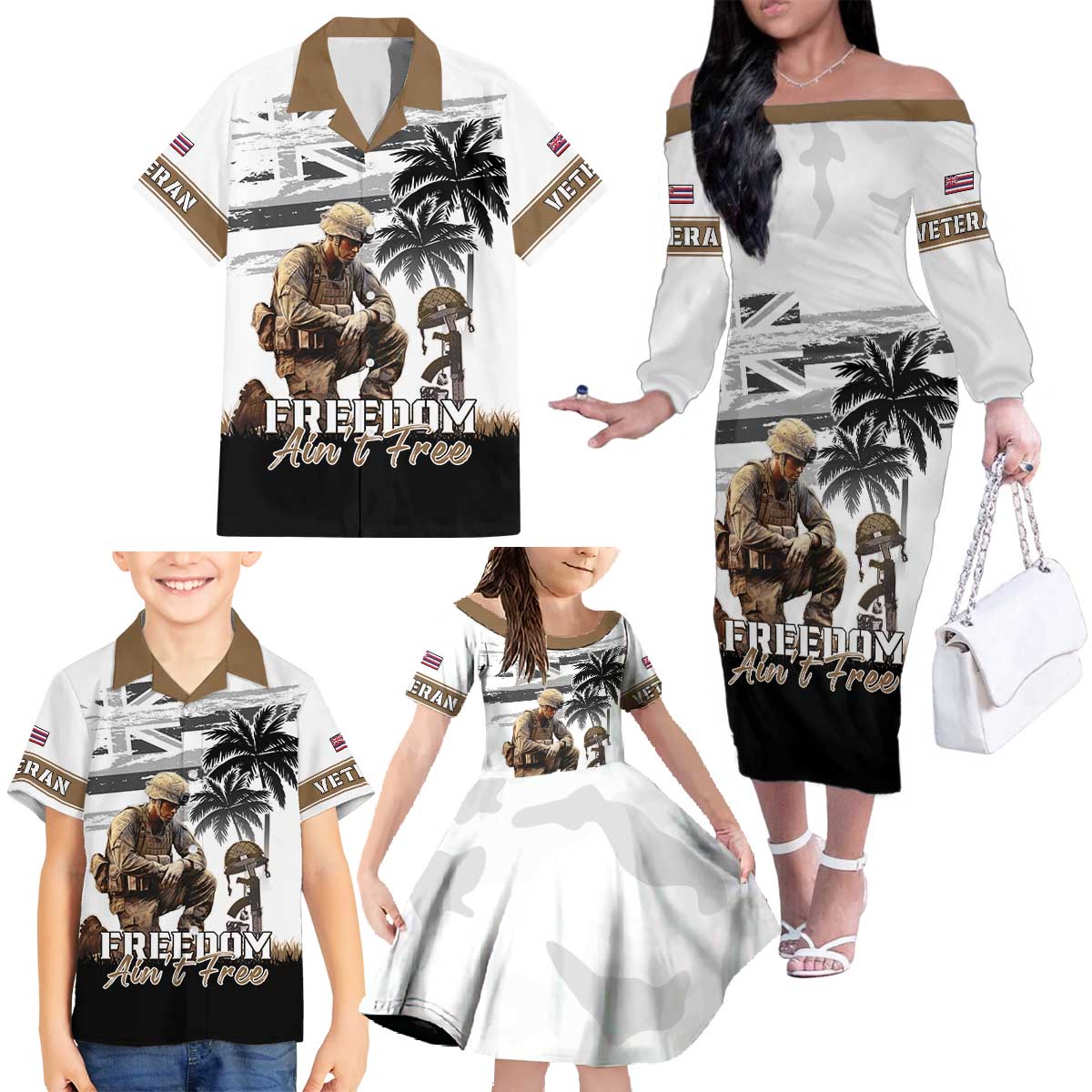 Hawaii Veterans Day Family Matching Off The Shoulder Long Sleeve Dress and Hawaiian Shirt Honor The Fallen Flag Grunge Style LT05 - Polynesian Pride