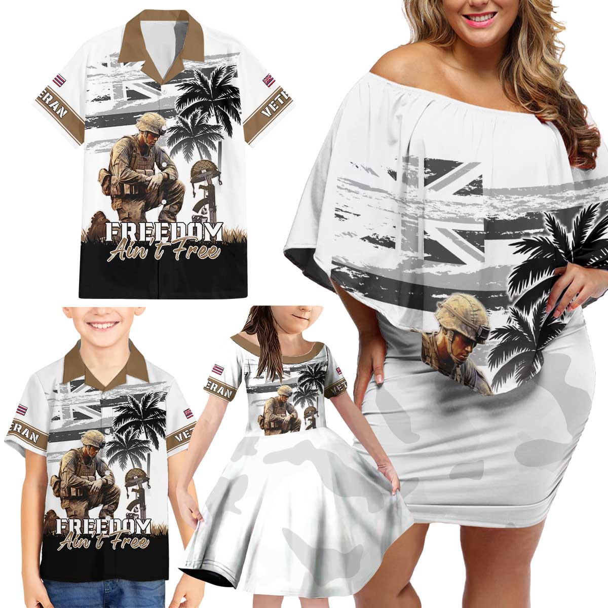 Hawaii Veterans Day Family Matching Off Shoulder Short Dress and Hawaiian Shirt Honor The Fallen Flag Grunge Style LT05 - Polynesian Pride