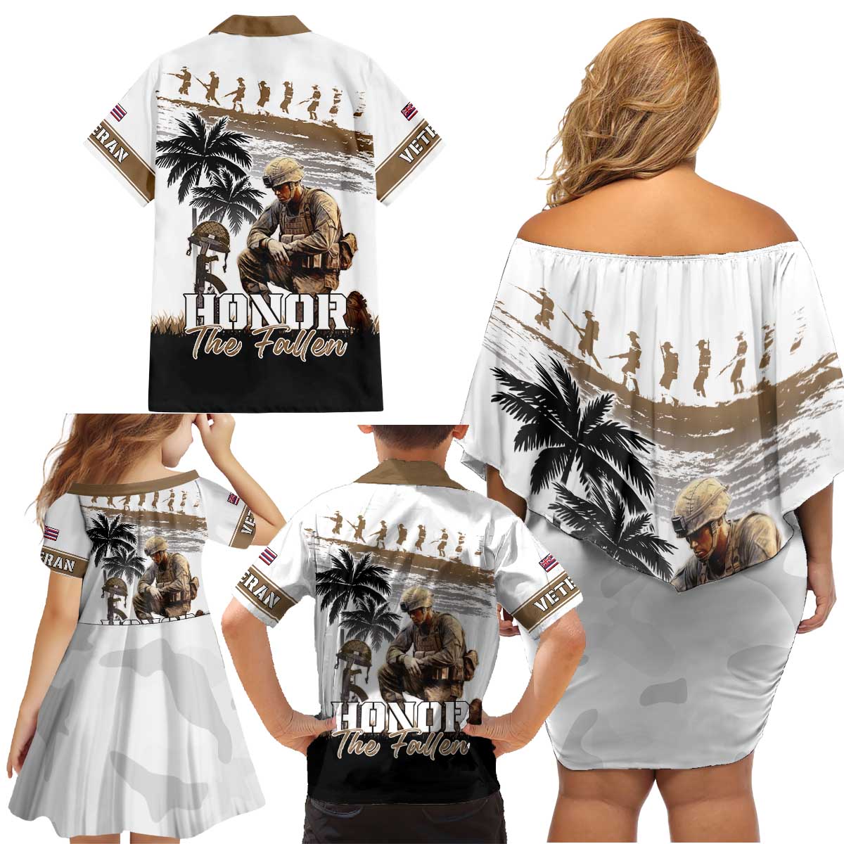Hawaii Veterans Day Family Matching Off Shoulder Short Dress and Hawaiian Shirt Honor The Fallen Flag Grunge Style LT05 - Polynesian Pride