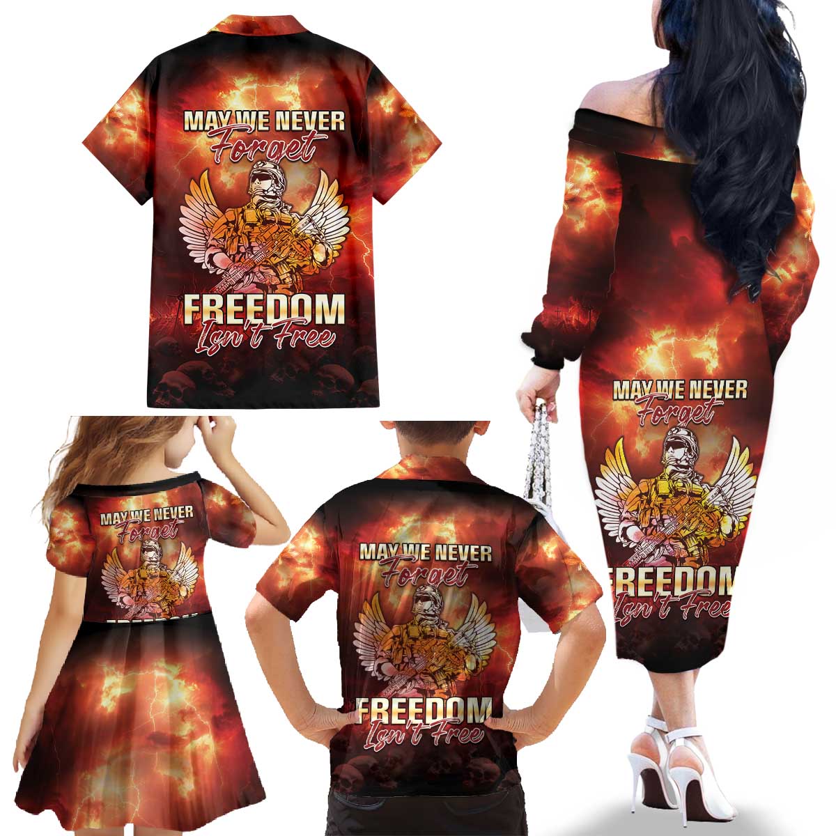 Hawaii Veterans Day Family Matching Off The Shoulder Long Sleeve Dress and Hawaiian Shirt May We Never Forget Freedom Isn't Free LT05 - Polynesian Pride