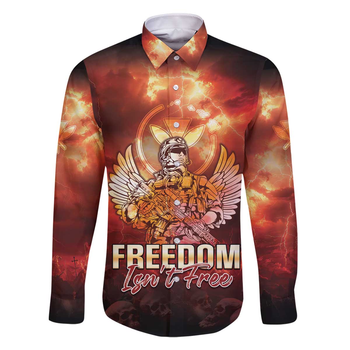 Hawaii Veterans Day Family Matching Off The Shoulder Long Sleeve Dress and Hawaiian Shirt May We Never Forget Freedom Isn't Free LT05 Dad's Shirt - Long Sleeve Red - Polynesian Pride