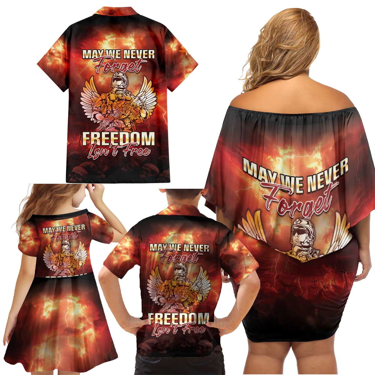 Hawaii Veterans Day Family Matching Off Shoulder Short Dress and Hawaiian Shirt May We Never Forget Freedom Isn't Free LT05 - Polynesian Pride