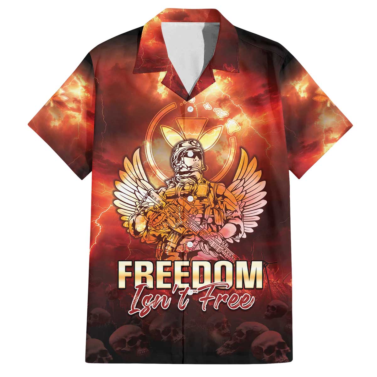 Hawaii Veterans Day Family Matching Off Shoulder Short Dress and Hawaiian Shirt May We Never Forget Freedom Isn't Free LT05 Dad's Shirt - Short Sleeve Red - Polynesian Pride
