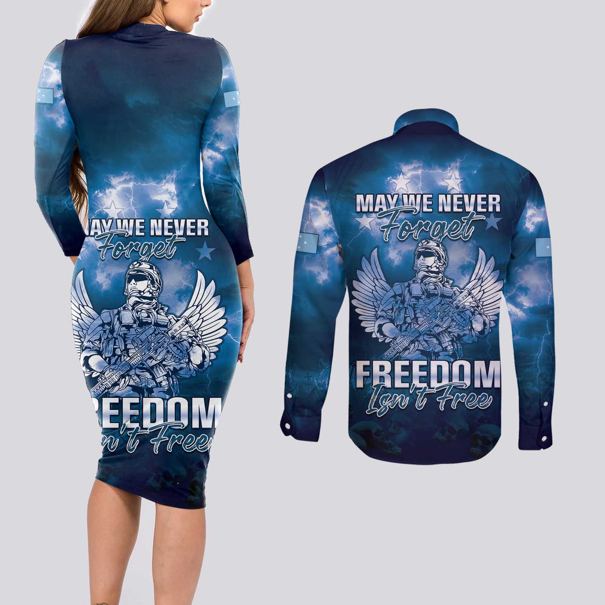 Federated States of Micronesia Veterans Day Couples Matching Long Sleeve Bodycon Dress and Long Sleeve Button Shirt May We Never Forget Freedom Isn't Free LT05 - Polynesian Pride