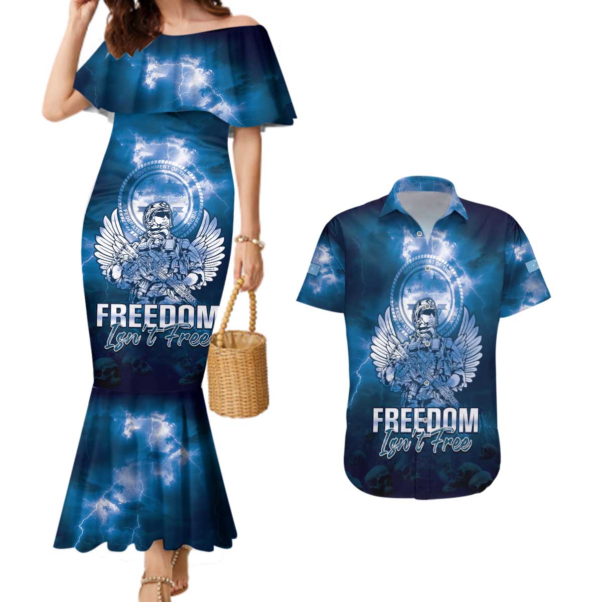 Federated States of Micronesia Veterans Day Couples Matching Mermaid Dress and Hawaiian Shirt May We Never Forget Freedom Isn't Free LT05 Blue - Polynesian Pride