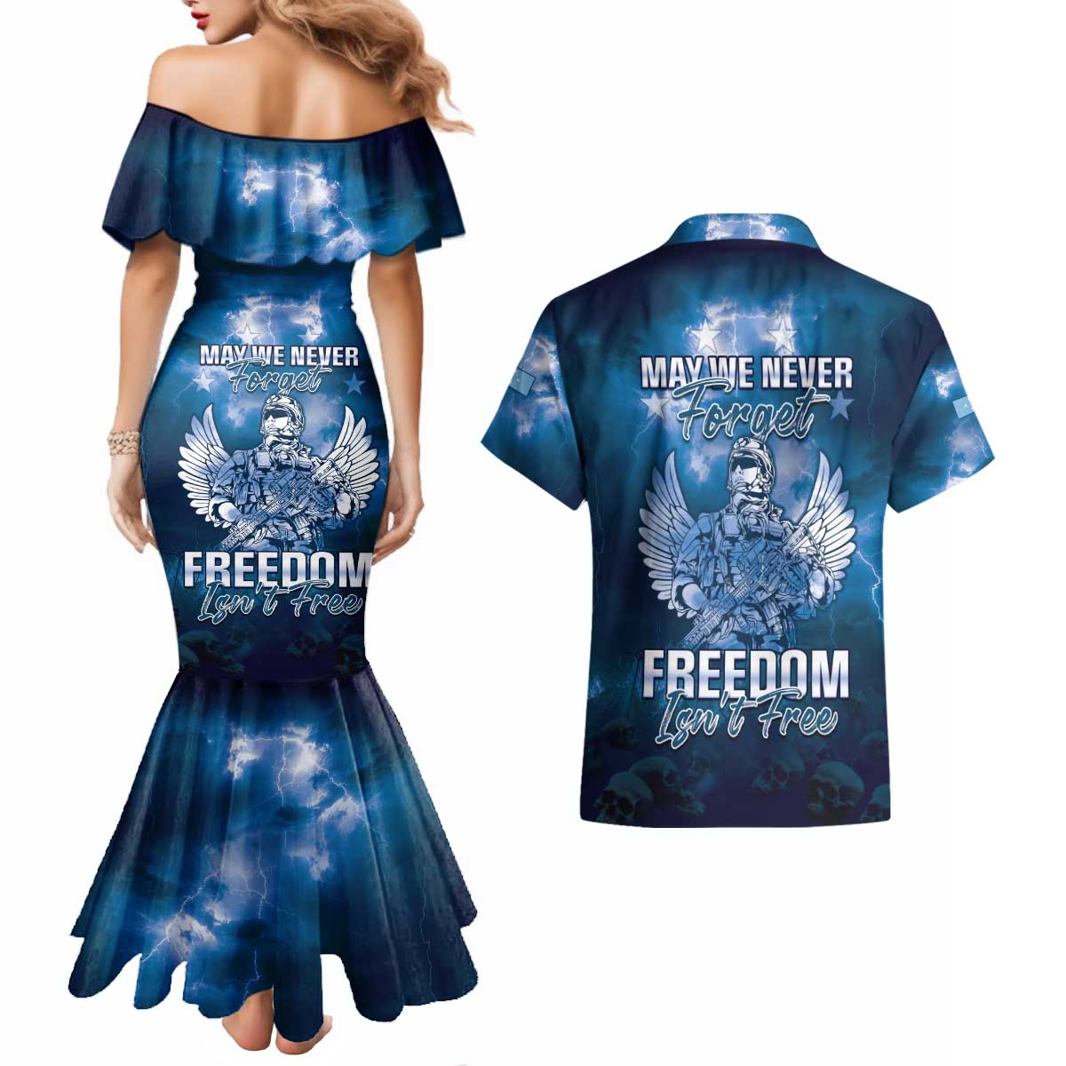 Federated States of Micronesia Veterans Day Couples Matching Mermaid Dress and Hawaiian Shirt May We Never Forget Freedom Isn't Free LT05 - Polynesian Pride