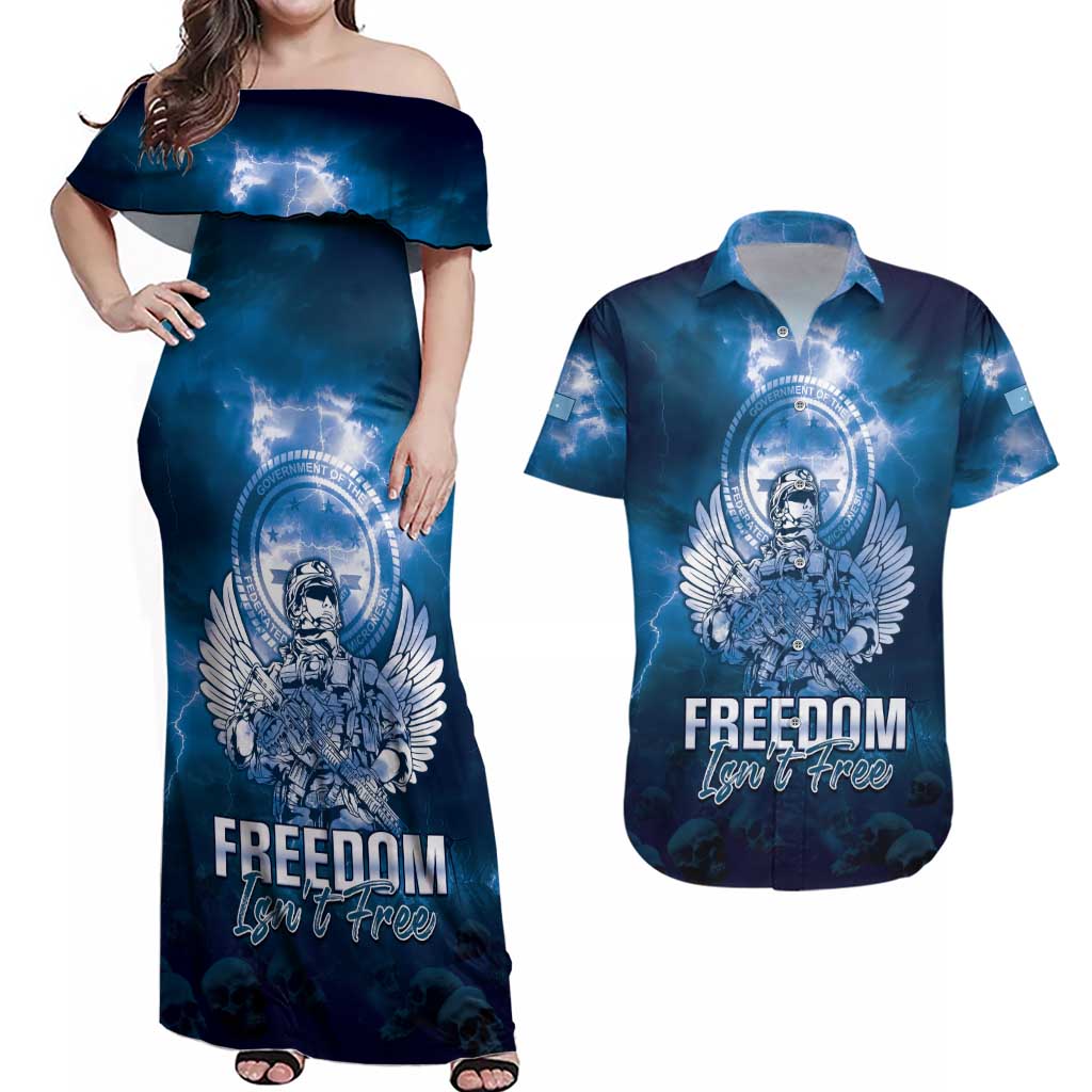 Federated States of Micronesia Veterans Day Couples Matching Off Shoulder Maxi Dress and Hawaiian Shirt May We Never Forget Freedom Isn't Free LT05 Blue - Polynesian Pride