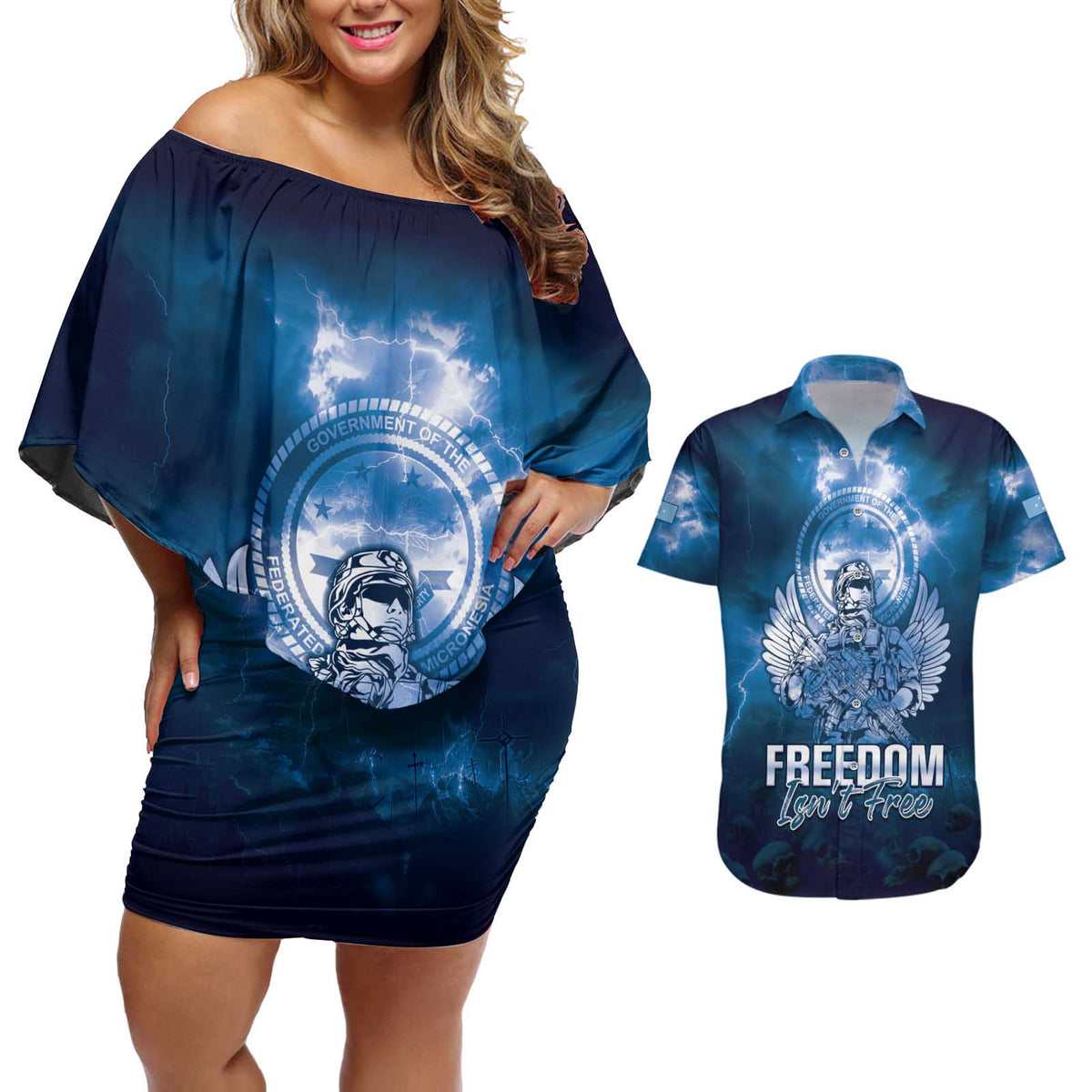 Federated States of Micronesia Veterans Day Couples Matching Off Shoulder Short Dress and Hawaiian Shirt May We Never Forget Freedom Isn't Free LT05 Blue - Polynesian Pride