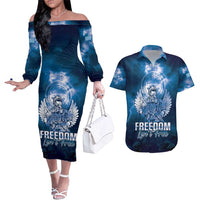 Federated States of Micronesia Veterans Day Couples Matching Off The Shoulder Long Sleeve Dress and Hawaiian Shirt May We Never Forget Freedom Isn't Free LT05 Blue - Polynesian Pride