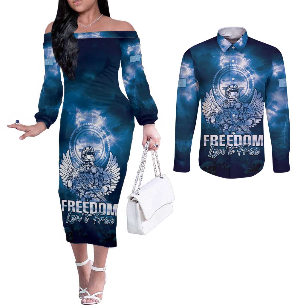 Federated States of Micronesia Veterans Day Couples Matching Off The Shoulder Long Sleeve Dress and Long Sleeve Button Shirt May We Never Forget Freedom Isn't Free LT05 Blue - Polynesian Pride