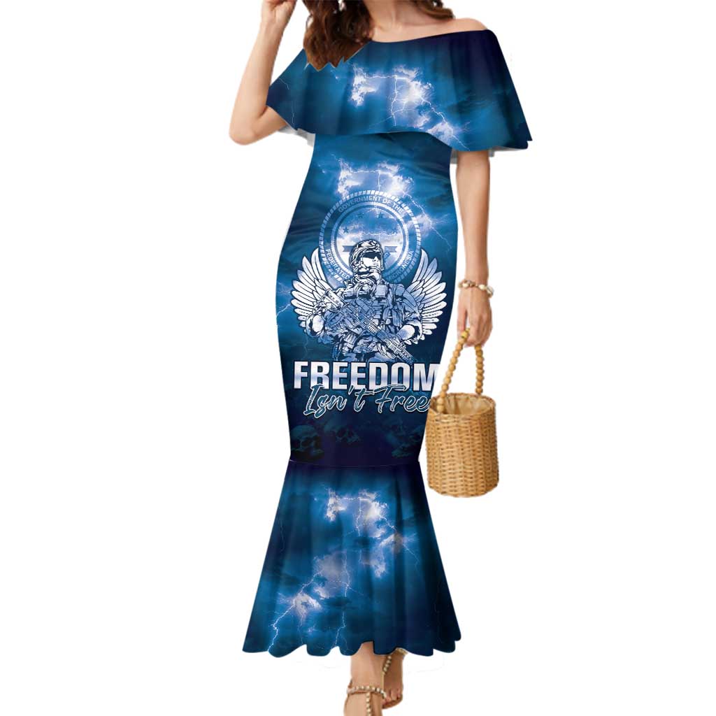 Federated States of Micronesia Veterans Day Family Matching Mermaid Dress and Hawaiian Shirt May We Never Forget Freedom Isn't Free LT05 Mom's Dress Blue - Polynesian Pride