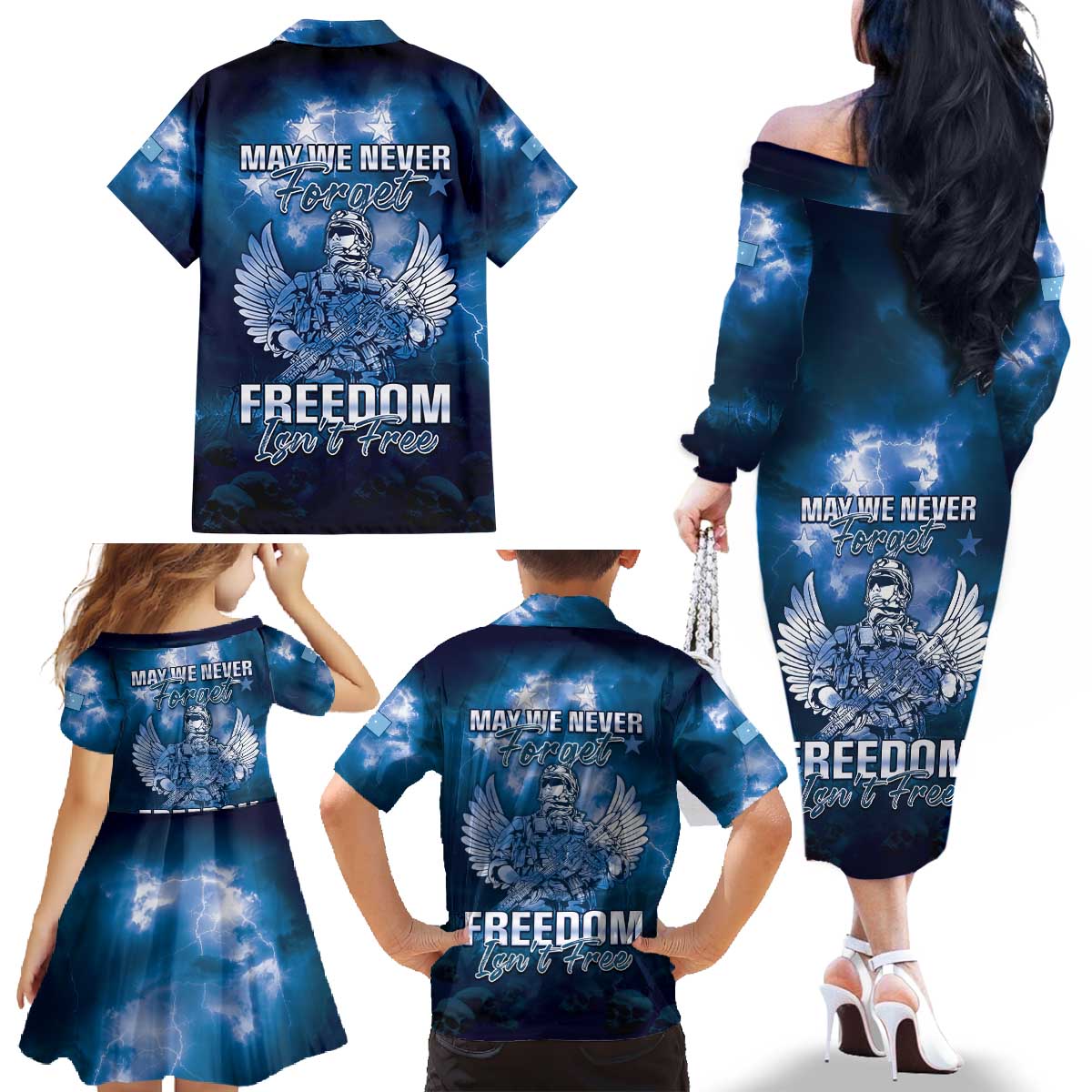 Federated States of Micronesia Veterans Day Family Matching Off The Shoulder Long Sleeve Dress and Hawaiian Shirt May We Never Forget Freedom Isn't Free LT05 - Polynesian Pride