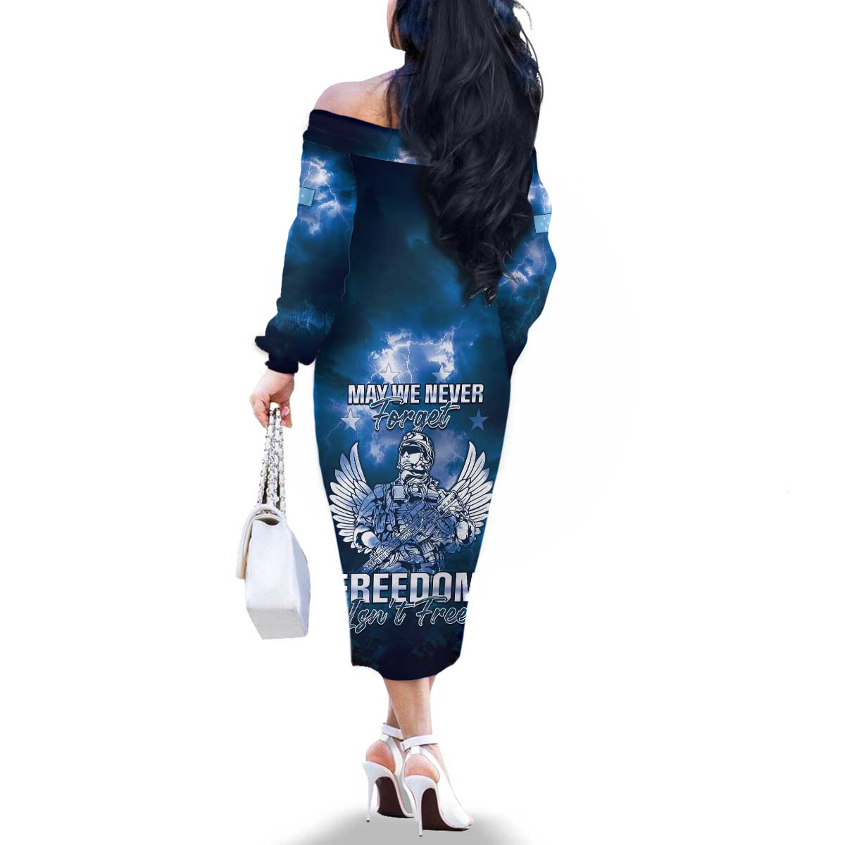 Federated States of Micronesia Veterans Day Family Matching Off The Shoulder Long Sleeve Dress and Hawaiian Shirt May We Never Forget Freedom Isn't Free LT05 - Polynesian Pride