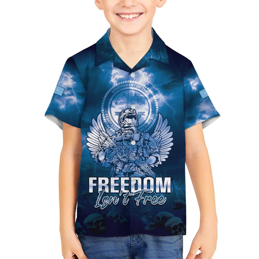 Federated States of Micronesia Veterans Day Family Matching Off Shoulder Maxi Dress and Hawaiian Shirt May We Never Forget Freedom Isn't Free LT05 Son's Shirt Blue - Polynesian Pride