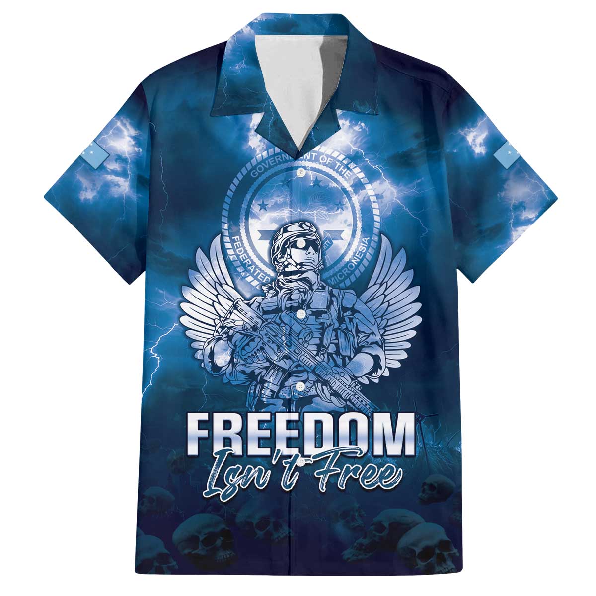 Federated States of Micronesia Veterans Day Family Matching Off Shoulder Short Dress and Hawaiian Shirt May We Never Forget Freedom Isn't Free LT05 Dad's Shirt - Short Sleeve Blue - Polynesian Pride