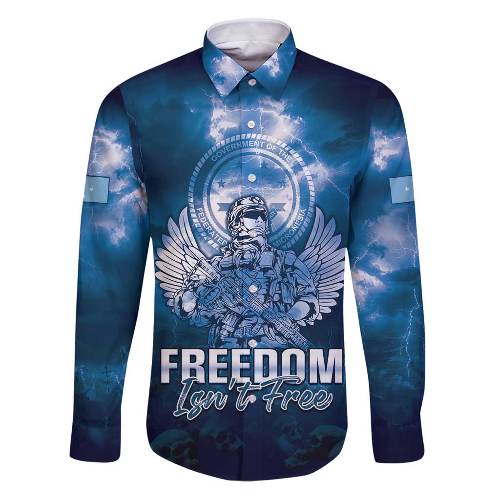Federated States of Micronesia Veterans Day Family Matching Puletasi and Hawaiian Shirt May We Never Forget Freedom Isn't Free LT05 Dad's Shirt - Long Sleeve Blue - Polynesian Pride