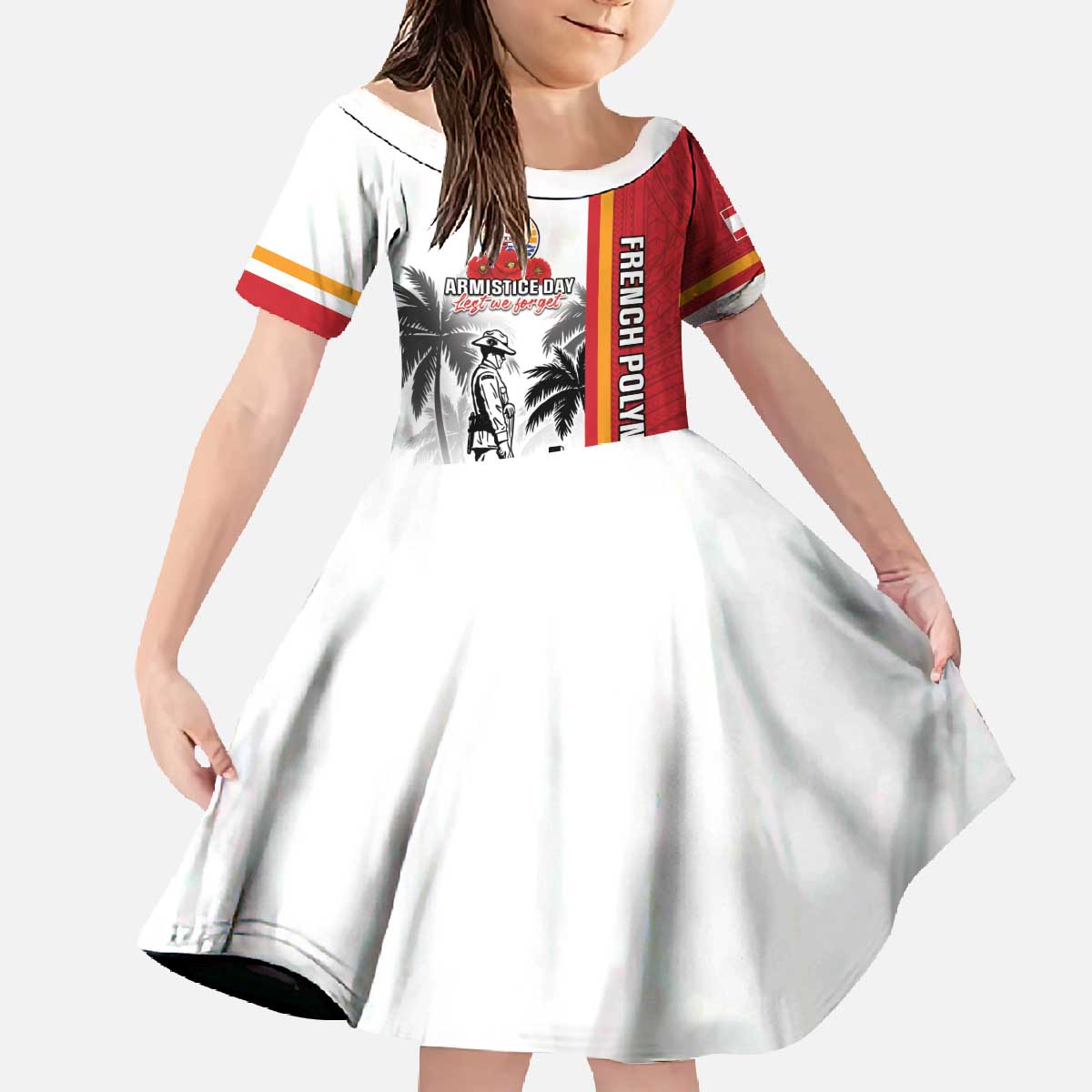 French Polynesia Armistice Day Family Matching Off The Shoulder Long Sleeve Dress and Hawaiian Shirt Lest We Forget Flag Style LT05 Daughter's Dress Red - Polynesian Pride