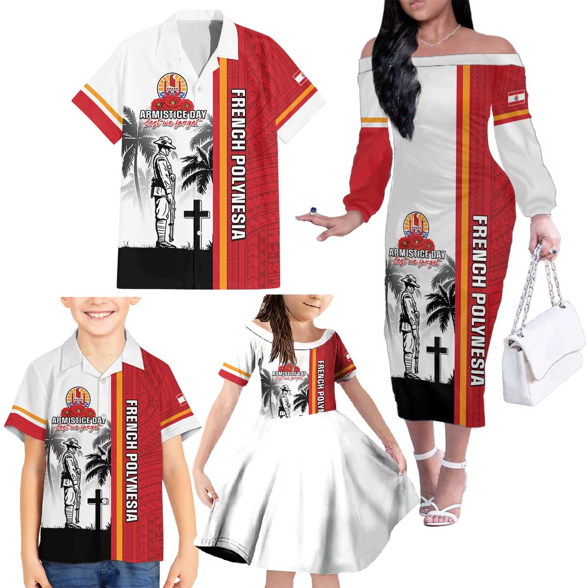 French Polynesia Armistice Day Family Matching Off The Shoulder Long Sleeve Dress and Hawaiian Shirt Lest We Forget Flag Style LT05 - Polynesian Pride