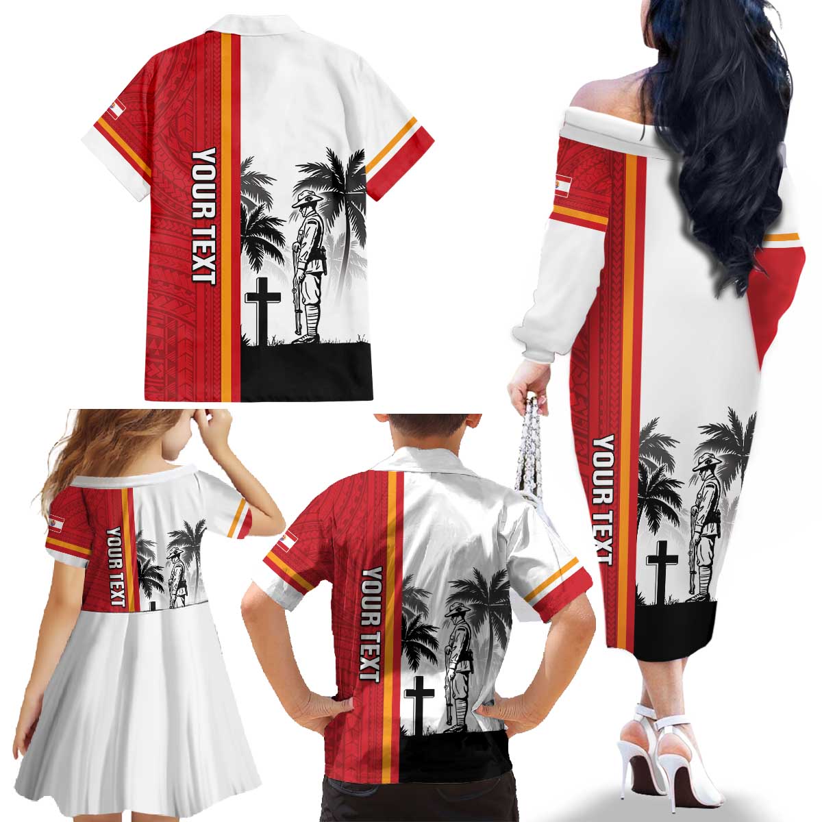 French Polynesia Armistice Day Family Matching Off The Shoulder Long Sleeve Dress and Hawaiian Shirt Lest We Forget Flag Style LT05 - Polynesian Pride