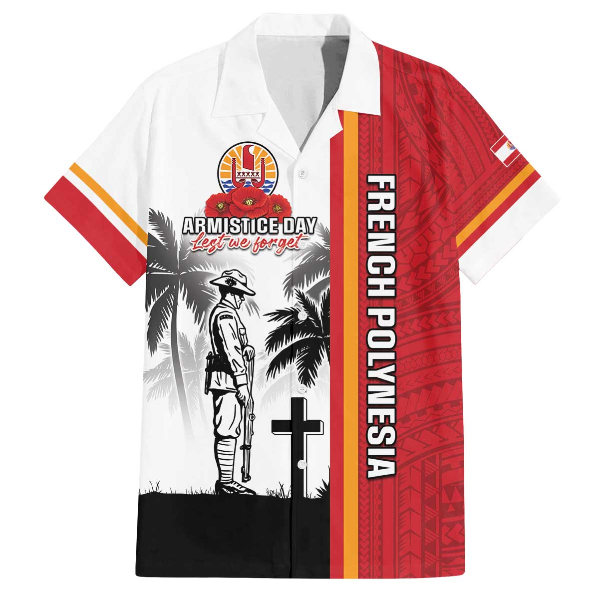 French Polynesia Armistice Day Family Matching Off The Shoulder Long Sleeve Dress and Hawaiian Shirt Lest We Forget Flag Style LT05 Dad's Shirt - Short Sleeve Red - Polynesian Pride