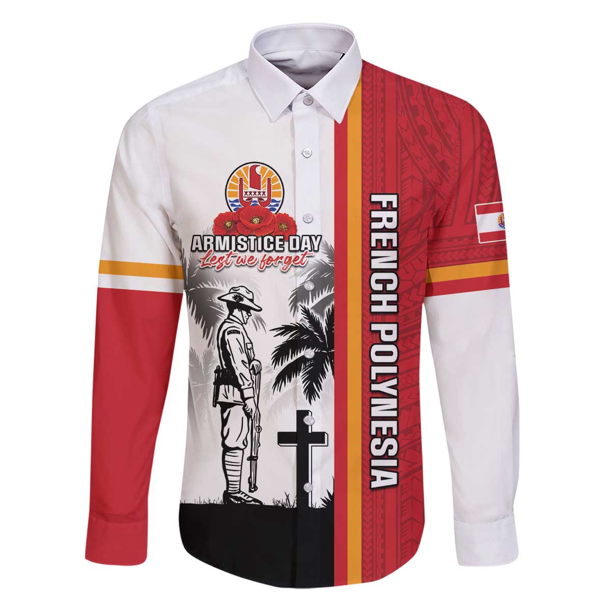 French Polynesia Armistice Day Family Matching Off The Shoulder Long Sleeve Dress and Hawaiian Shirt Lest We Forget Flag Style LT05 Dad's Shirt - Long Sleeve Red - Polynesian Pride