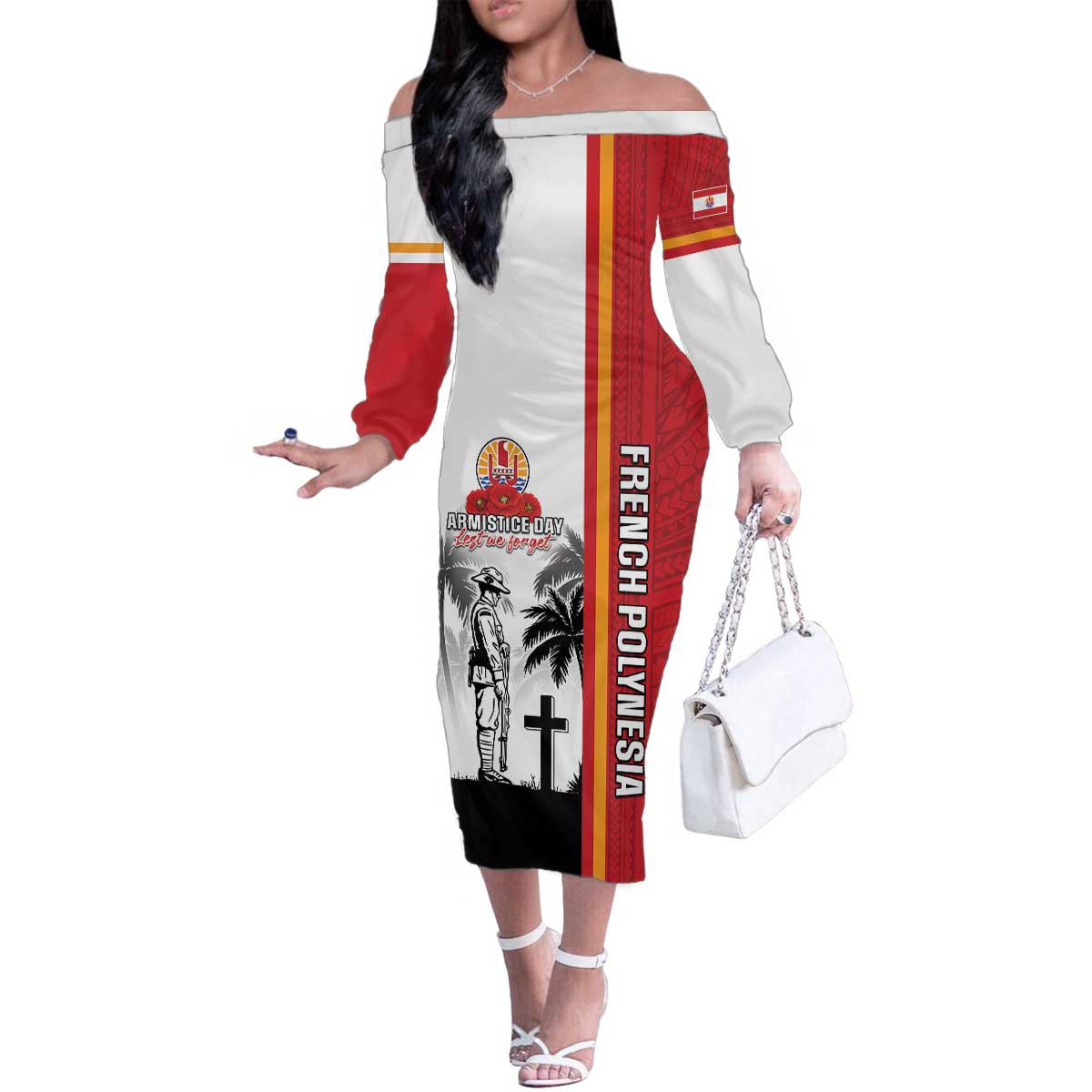 French Polynesia Armistice Day Family Matching Off The Shoulder Long Sleeve Dress and Hawaiian Shirt Lest We Forget Flag Style LT05 Mom's Dress Red - Polynesian Pride