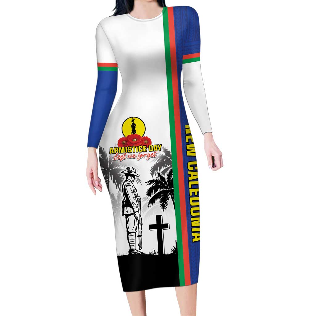 New Caledonia Armistice Day Family Matching Long Sleeve Bodycon Dress and Hawaiian Shirt Lest We Forget Flag Style LT05 Mom's Dress Navy - Polynesian Pride