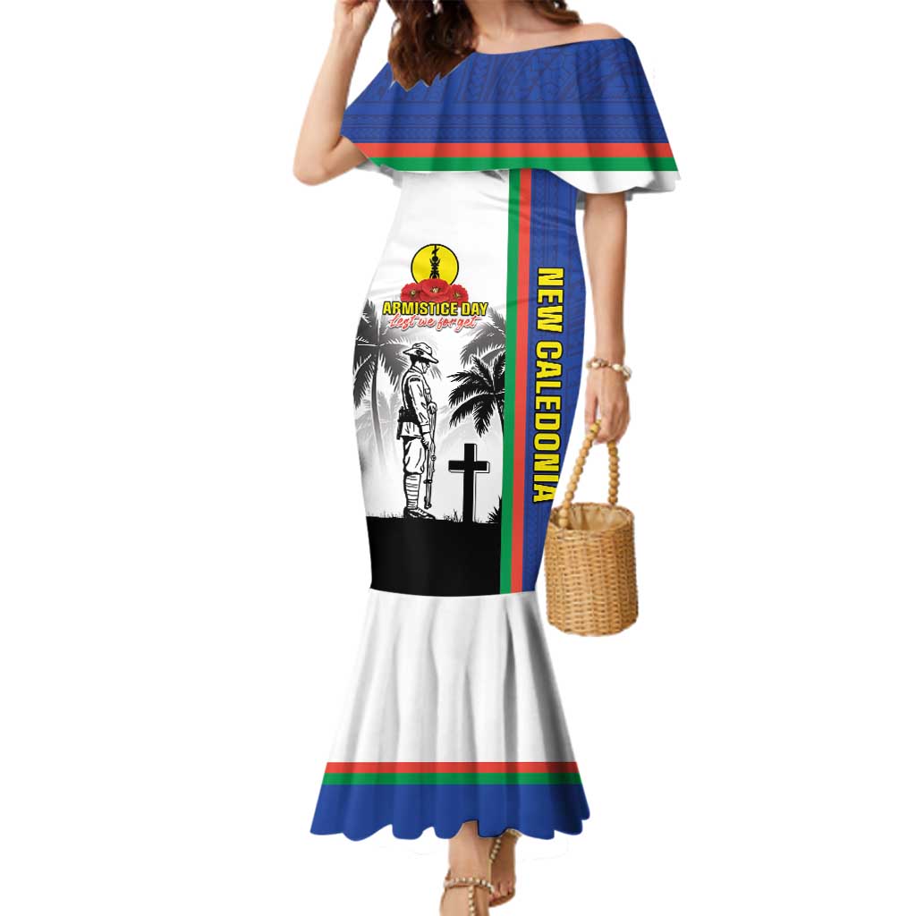 New Caledonia Armistice Day Family Matching Mermaid Dress and Hawaiian Shirt Lest We Forget Flag Style LT05 Mom's Dress Navy - Polynesian Pride
