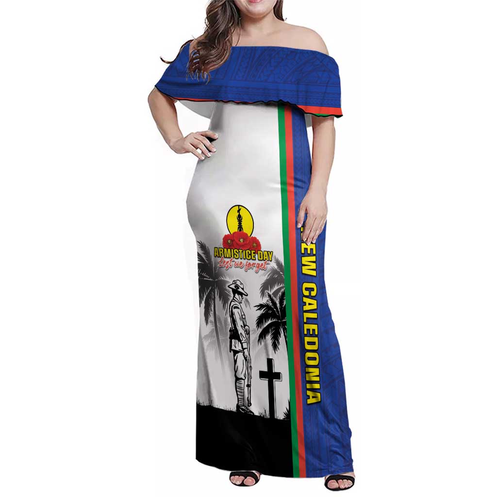 New Caledonia Armistice Day Family Matching Off Shoulder Maxi Dress and Hawaiian Shirt Lest We Forget Flag Style LT05 Mom's Dress Navy - Polynesian Pride