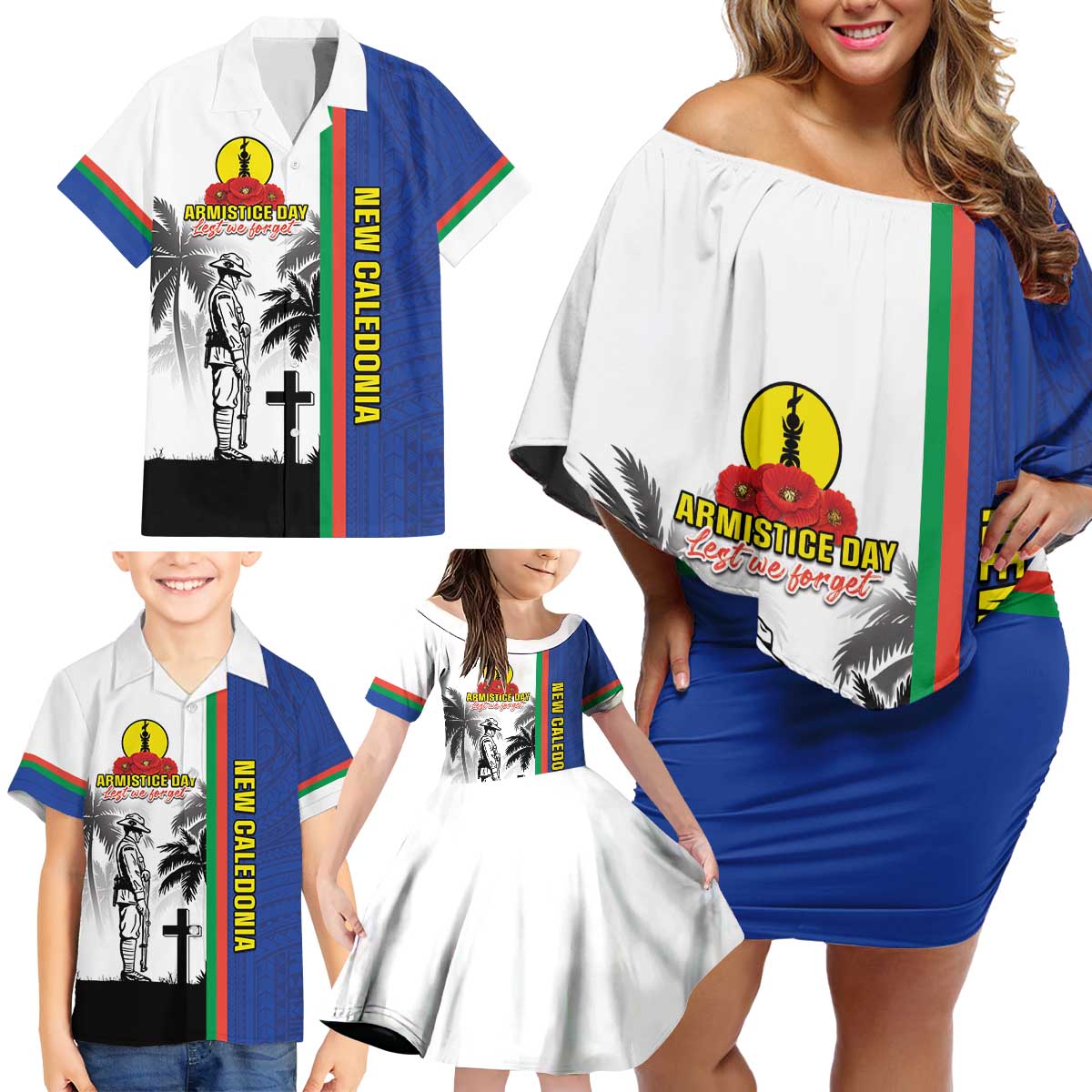 New Caledonia Armistice Day Family Matching Off Shoulder Short Dress and Hawaiian Shirt Lest We Forget Flag Style LT05 - Polynesian Pride