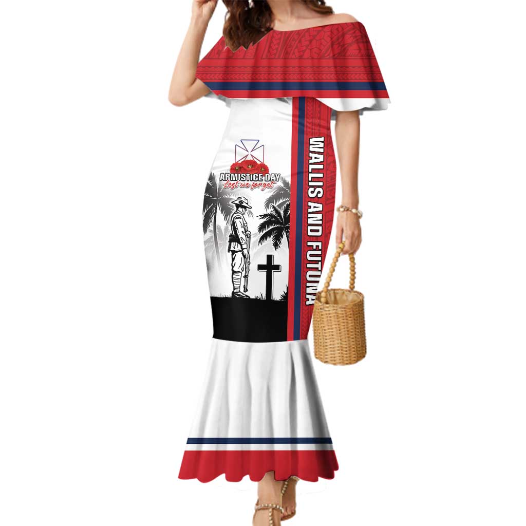 Wallis and Futuna Armistice Day Family Matching Mermaid Dress and Hawaiian Shirt Lest We Forget Flag Style LT05 Mom's Dress White - Polynesian Pride