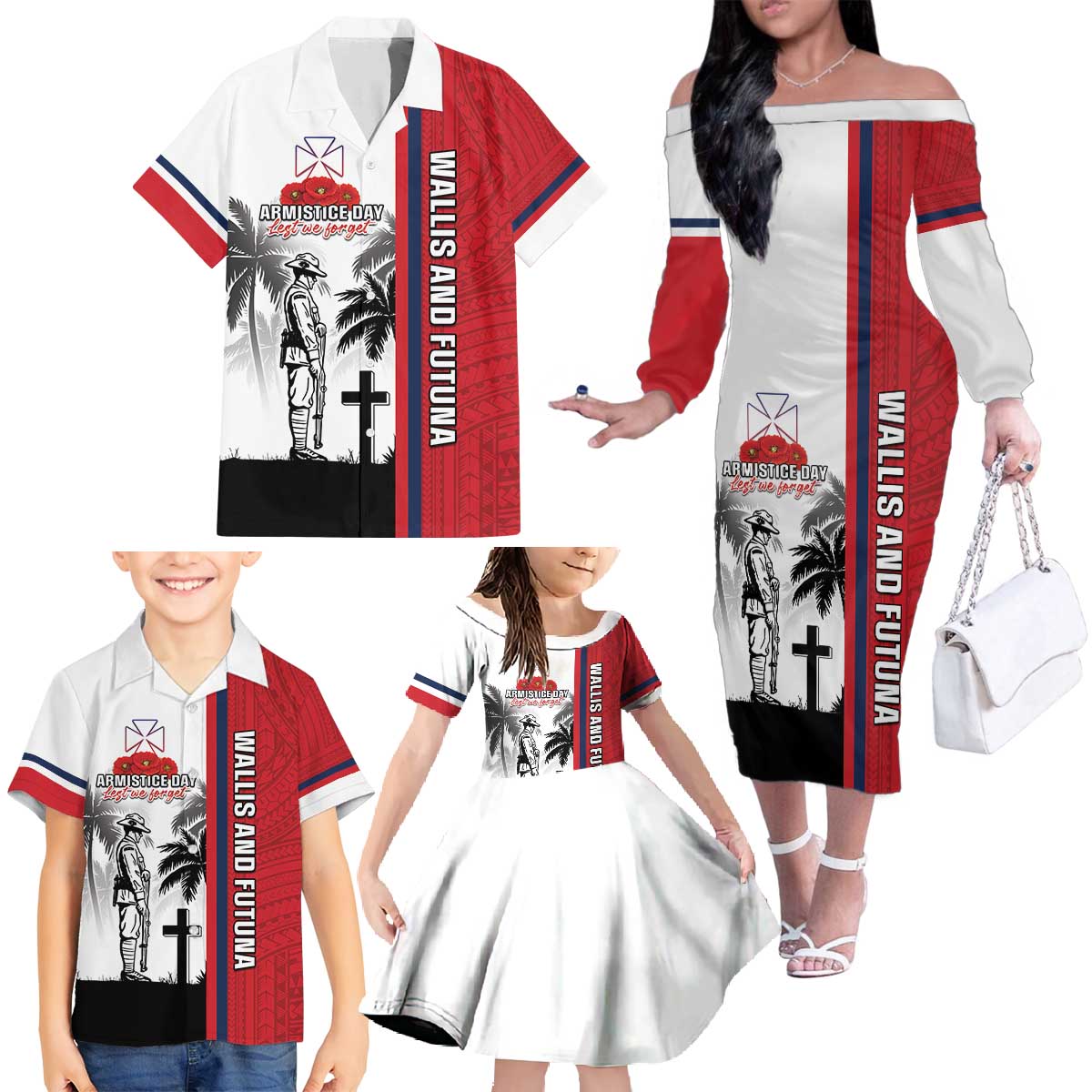 Wallis and Futuna Armistice Day Family Matching Off The Shoulder Long Sleeve Dress and Hawaiian Shirt Lest We Forget Flag Style LT05 - Polynesian Pride