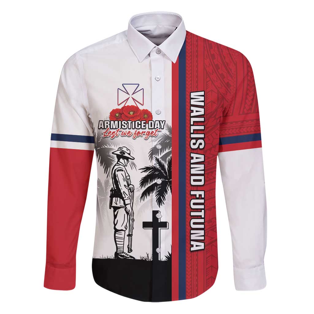 Wallis and Futuna Armistice Day Family Matching Puletasi and Hawaiian Shirt Lest We Forget Flag Style LT05 Dad's Shirt - Long Sleeve White - Polynesian Pride
