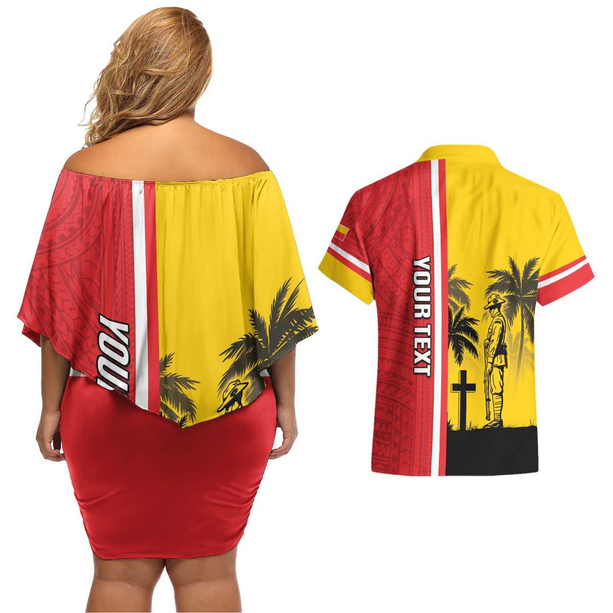 Marquesas Islands Armistice Day Couples Matching Off Shoulder Short Dress and Hawaiian Shirt Lest We Forget Flag Style LT05 - Polynesian Pride
