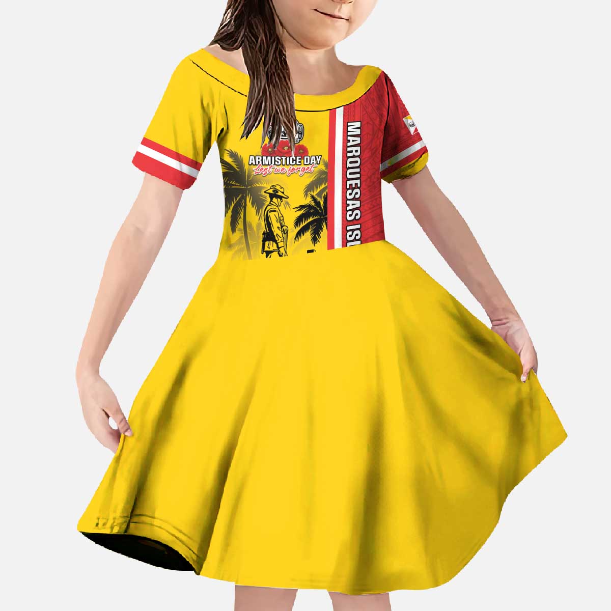 Marquesas Islands Armistice Day Family Matching Off The Shoulder Long Sleeve Dress and Hawaiian Shirt Lest We Forget Flag Style LT05 Daughter's Dress Yellow - Polynesian Pride