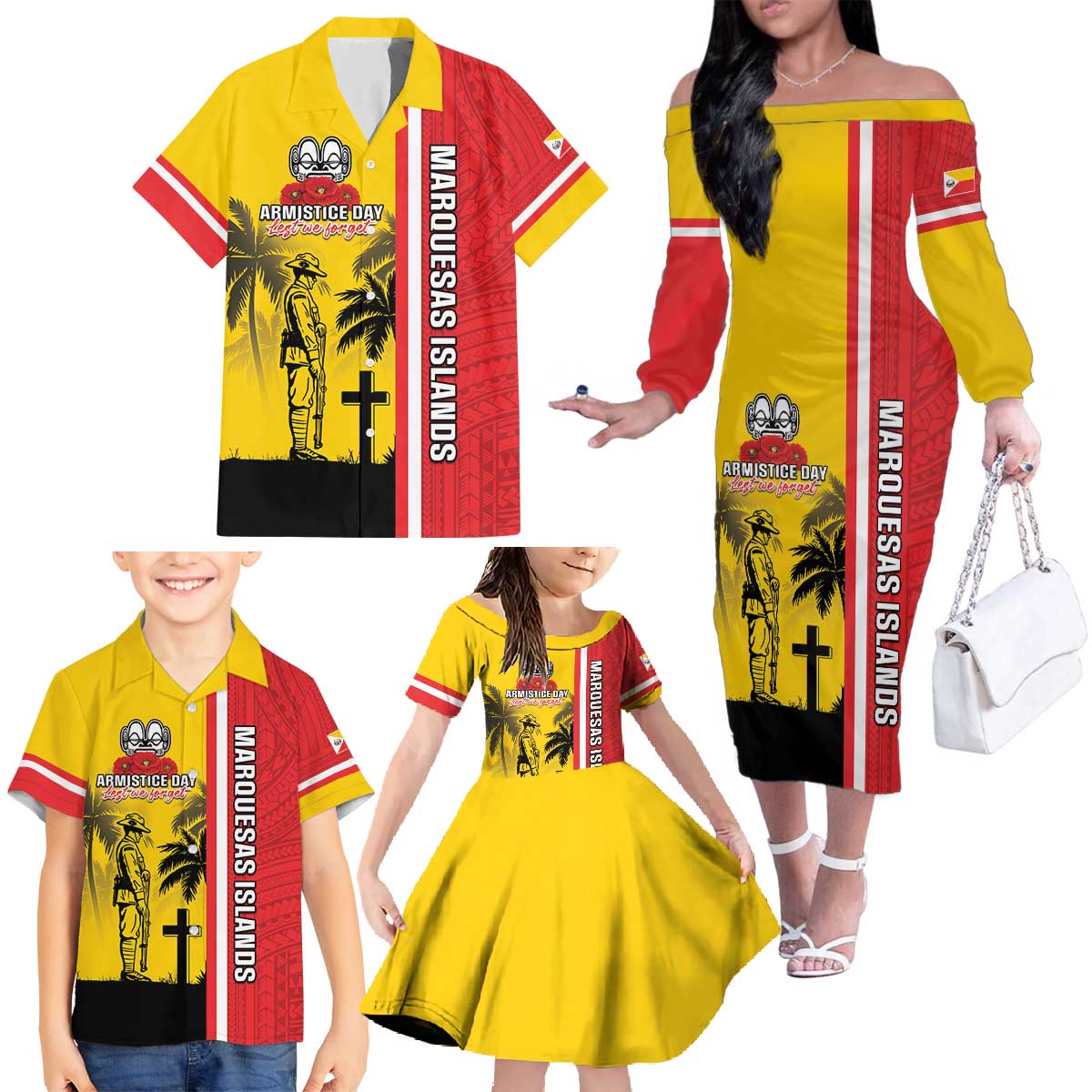 Marquesas Islands Armistice Day Family Matching Off The Shoulder Long Sleeve Dress and Hawaiian Shirt Lest We Forget Flag Style LT05 - Polynesian Pride