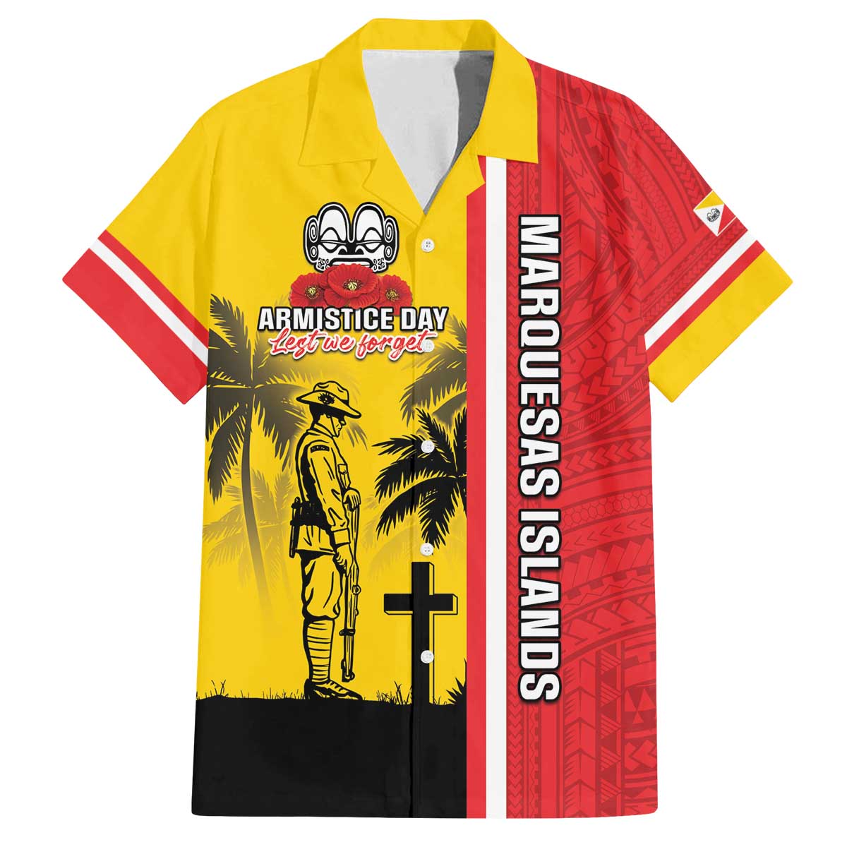 Marquesas Islands Armistice Day Family Matching Off The Shoulder Long Sleeve Dress and Hawaiian Shirt Lest We Forget Flag Style LT05 Dad's Shirt - Short Sleeve Yellow - Polynesian Pride