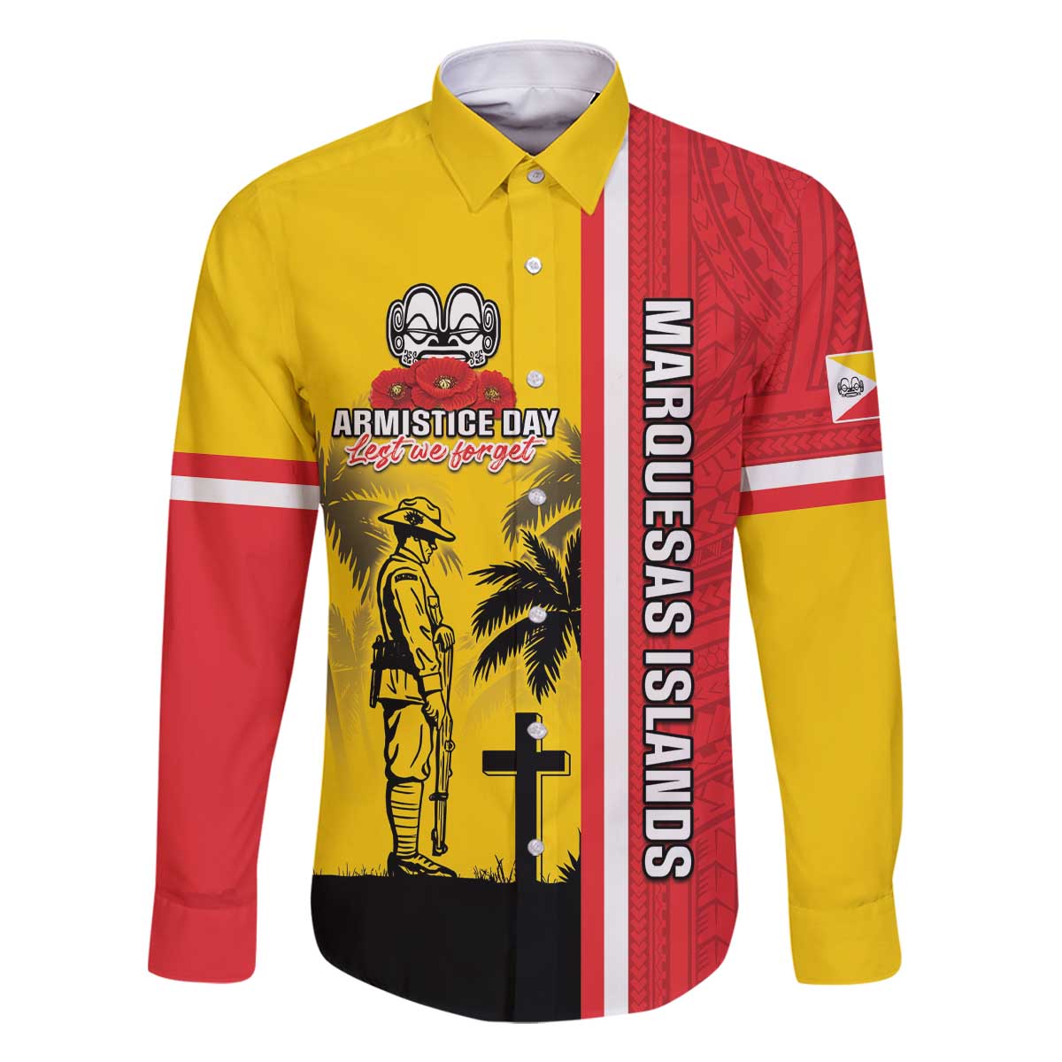 Marquesas Islands Armistice Day Family Matching Off The Shoulder Long Sleeve Dress and Hawaiian Shirt Lest We Forget Flag Style LT05 Dad's Shirt - Long Sleeve Yellow - Polynesian Pride
