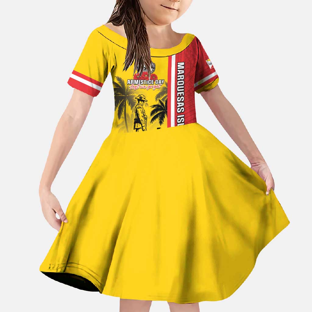 Marquesas Islands Armistice Day Family Matching Short Sleeve Bodycon Dress and Hawaiian Shirt Lest We Forget Flag Style LT05 Daughter's Dress Yellow - Polynesian Pride