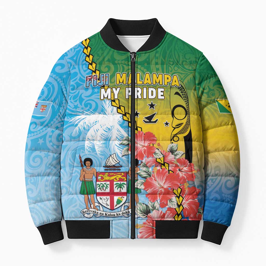 Personalised Malampa Fiji Day Bomber Puffer Jacket Tribal Pattern With Tropical Flowers - Polynesian Pride