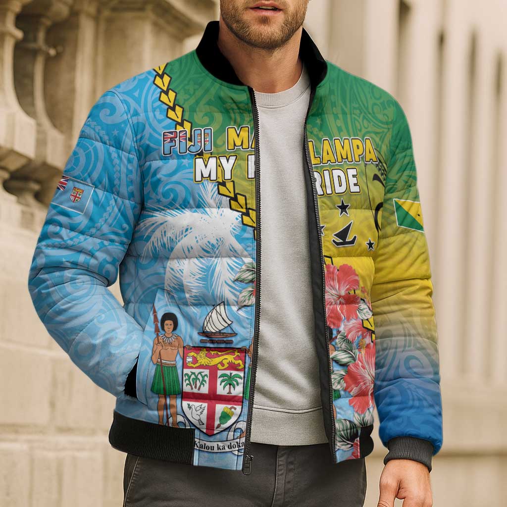Personalised Malampa Fiji Day Bomber Puffer Jacket Tribal Pattern With Tropical Flowers - Polynesian Pride