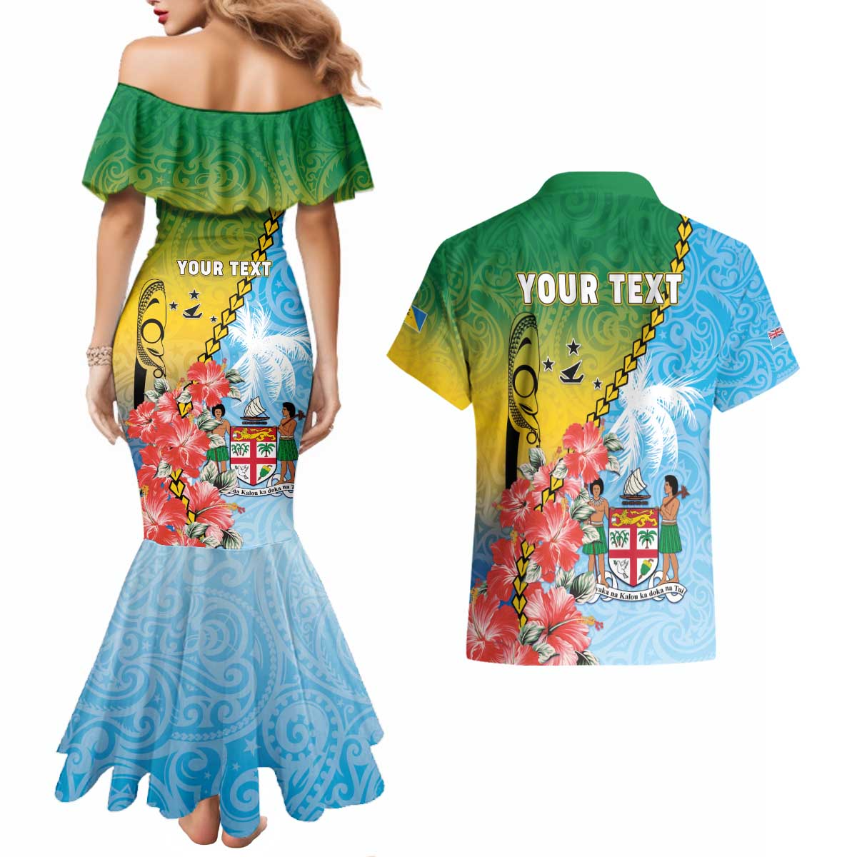 Personalised Malampa Fiji Day Couples Matching Mermaid Dress and Hawaiian Shirt Tribal Pattern With Tropical Flowers LT05 - Polynesian Pride