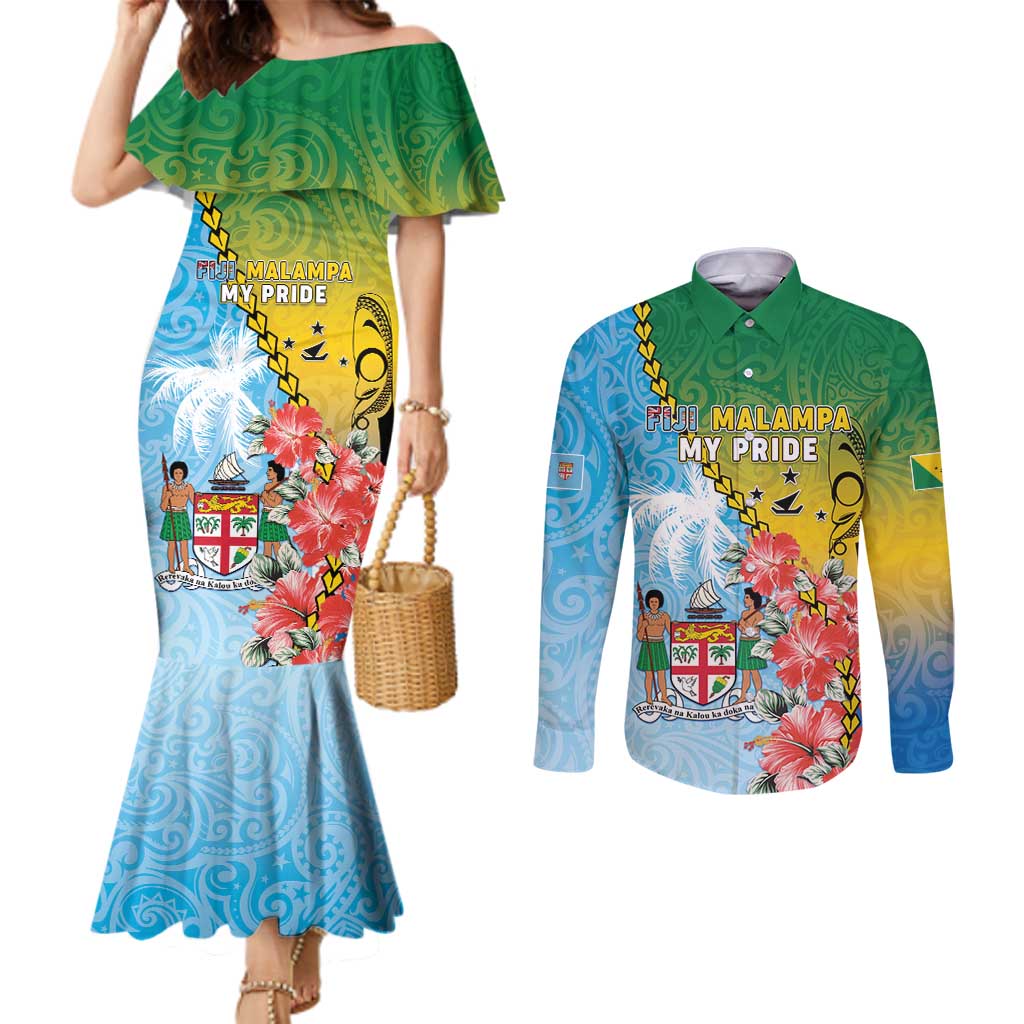 Personalised Malampa Fiji Day Couples Matching Mermaid Dress and Long Sleeve Button Shirt Tribal Pattern With Tropical Flowers - Polynesian Pride
