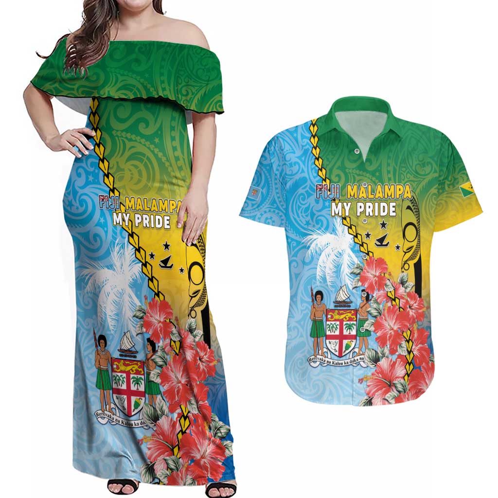 Personalised Malampa Fiji Day Couples Matching Off Shoulder Maxi Dress and Hawaiian Shirt Tribal Pattern With Tropical Flowers LT05 Colorful - Polynesian Pride